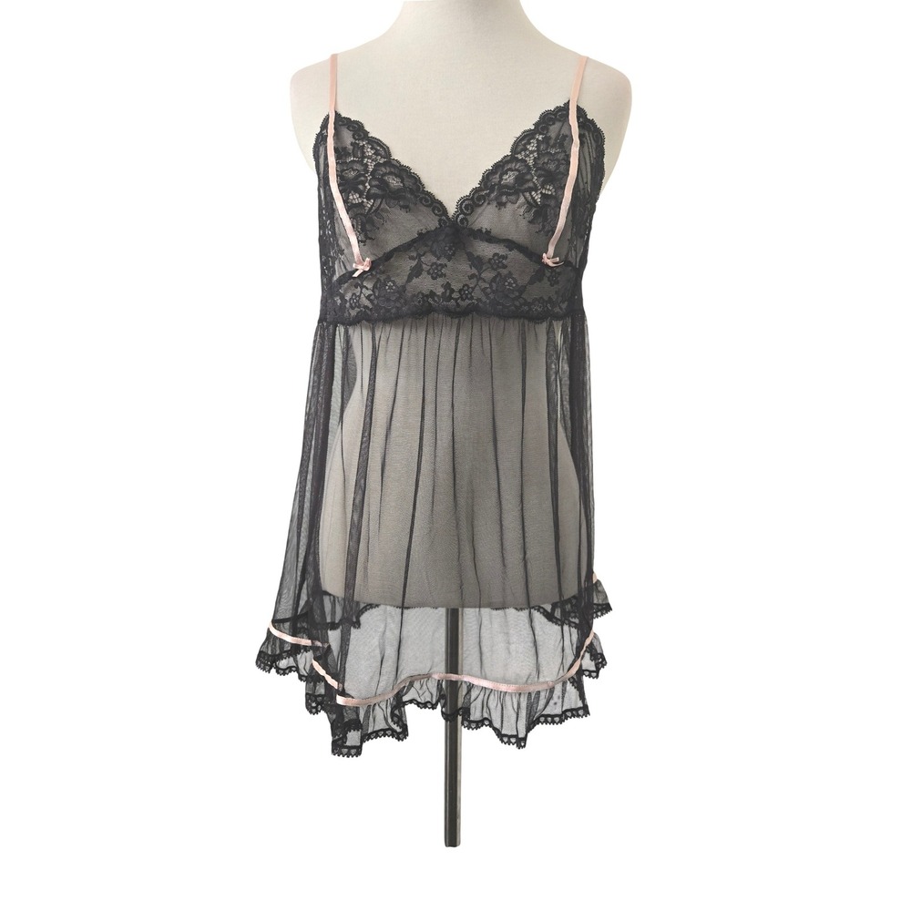 Vtg Y2K Victorias Secret Black Lace Mesh Babydoll Chemise Pink Trim Small 2002